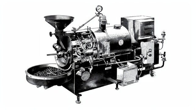 Illustrated vintage coffee roaster workshop beans roasting view