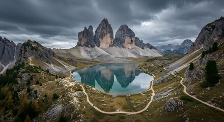 Majestic mountain landscape reflecting in serene lake under dramatic clouds near Dolomites Generative AI
