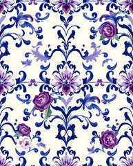 Fototapeta premium Victorian Baroque damask in indigo violet elegance, seamless pattern.
