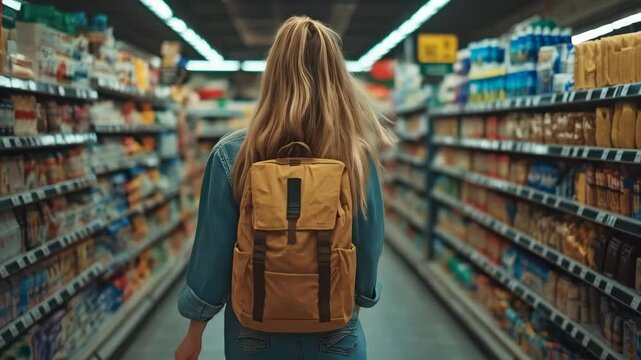 Young woman shops in grocery store aisle with backpack in vibrant supermarket setting