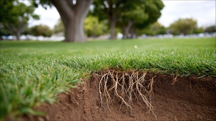Cross-section of grass revealing roots in the soil, blurred trees in the background.