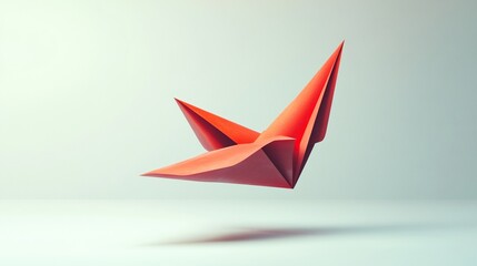 A vibrant, coral-red origami-style bird in flight, rendered in a minimalist, 3D style against a stark white backdrop, casting a subtle shadow.  The piece 
