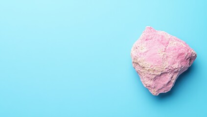 Fototapeta premium A single, pink rock on a vibrant light blue surface. The rock's texture is slightly rough, with variations in the pink hue