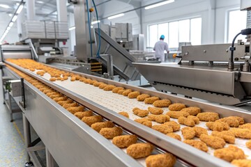  Industrial food production of breaded items in a factory setting, showcasing automated conveyor belt processing, stainless steel equipment, and hygiene standards. generative ai
