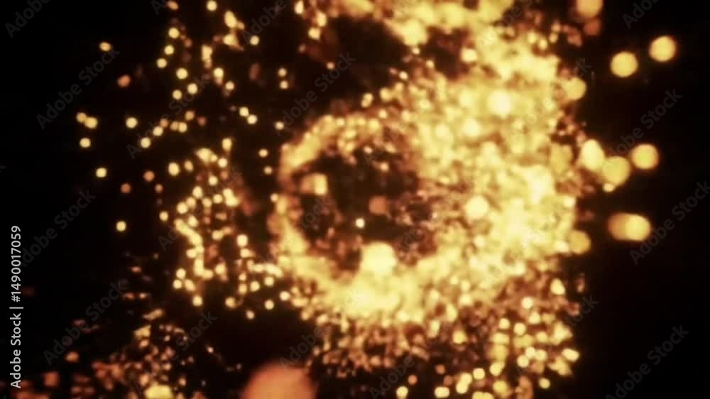 Poster golden glowing particles swirl in an abstract circular motion background
