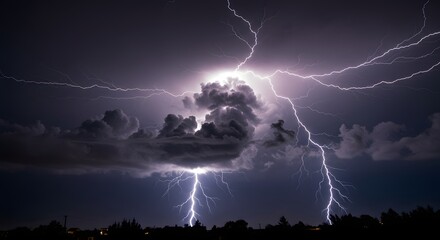Dramatic lightning storm illuminates the night sky over a quiet town Generative AI