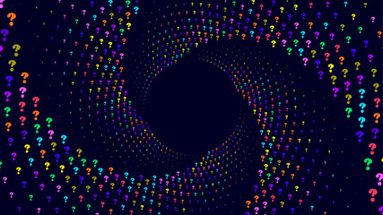 A dark blue background with a swirling vortex of colorful question marks radiating from a central dark blue  area. Abstract background.