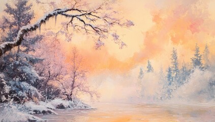 Winter landscape painting, frosty trees, pale sunrise over frozen river