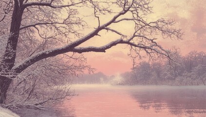 Winter river scene at dawn.  Pale pink hues paint a serene landscape of snow-covered trees lining a river.  Fog hangs low over the water