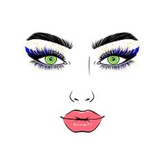 Woman's face with vibrant green eyes, dramatic blue and yellow eyelashes , red lips, and defined eyebrows on a white background.