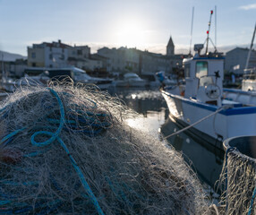 Fishing nets on the dock early in the morning