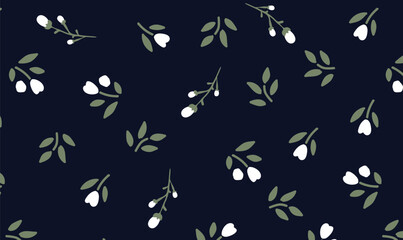 Seamless White Berry and Leaf Pattern on Dark Background