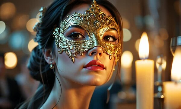 Elegant asian woman wearing golden masquerade mask looking into distance with candlelight reflections on blurred festive background. Mysterious celebration concept