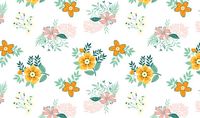 Seamless Floral Pattern with Hand-Drawn Colorful Flowers and Leaves