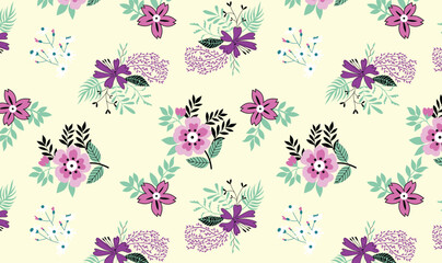 Seamless Pink and Purple Floral Pattern with Vintage Leaf Design on Pastel Background