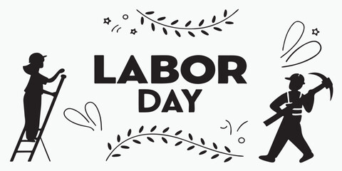 this image features labor day text with gear hammer hard hat flag and wrench icons on a white  silhouettes background design perfect for the holiday .