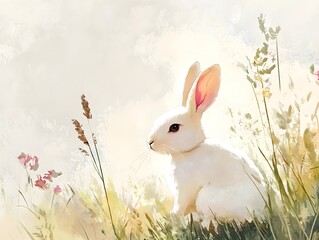 Digital Art of Fluffy White Rabbit in Spring Meadow - Adorable Wildlife Portrait amidst Nature's Greenery