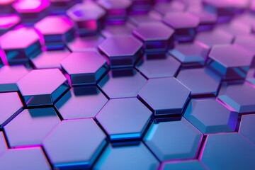 Hexagonal Structures: Abstract 3D Geometric Shapes in Vibrant Purple and Blue Hues, Creating a Seamless Pattern of Interlocking Forms with a Futuristic and Technological Aesthetic.  Digital Art Explor