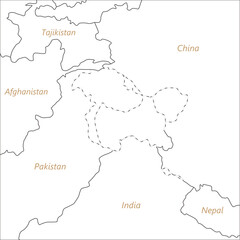 カシミール地方の周辺地図、英語の国名入り