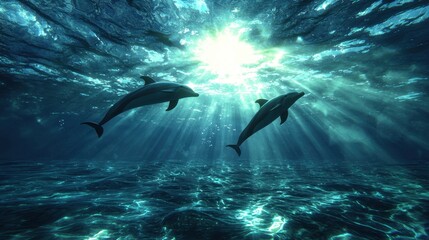 Two dolphins glide through the clear ocean waters, illuminated by beams of sunlight filtering from the surface, creating a serene underwater atmosphere