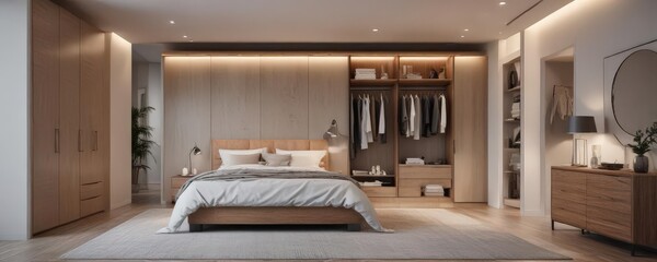 Spacious contemporary bedroom with walk-in closet, minimalist design , walk in closet, neutral tones, stylish bedroom