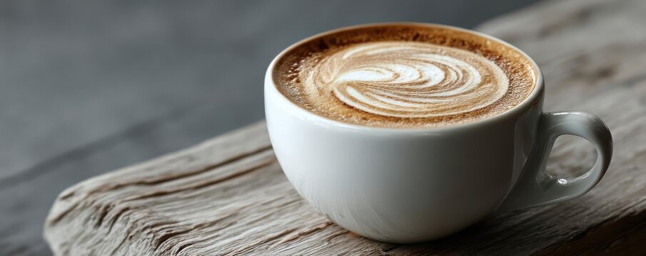 Coffee art latte with cappuccino swirl and wooden table concept. A beautifully crafted latte in a white cup on a rustic table.