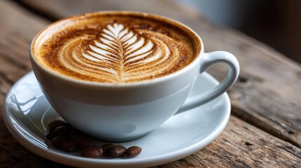 Coffee art latte with latte swirl and milk foam concept. Beautiful latte art in a cup on a rustic wooden table.