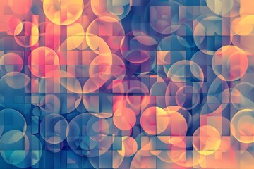 Abstract Geometric Shapes: Overlapping Circles and Squares in Warm and Cool Tones, Creating a Dynamic Visual Composition with Depth and Movement. A Study in Form and Color, Ideal for Backgrounds or De