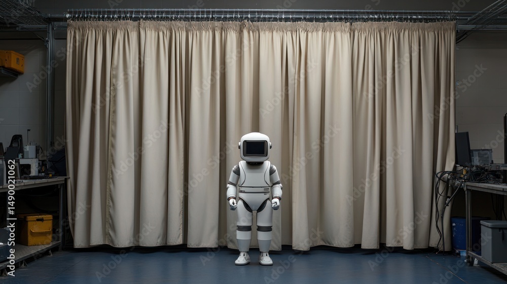 Poster robot astronaut lab test; curtain backdrop, tech background; ai research