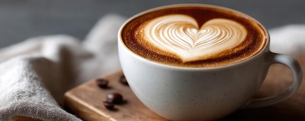 Coffee art latte with latte swirl and milk foam concept. A latte with heart-shaped art in a cozy setting.