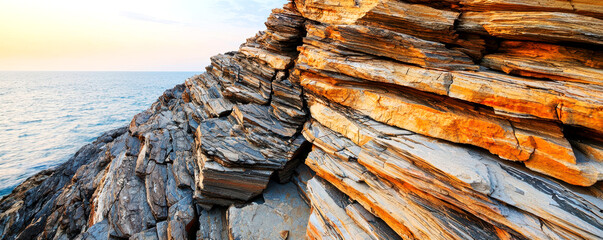 geological formation with rock layers and geological time. Rocky shoreline with banded layers eroded through ages of sea level change