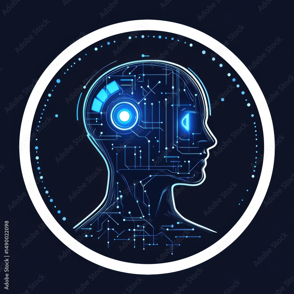 Poster head silhouette with circuit board design representing neural network and future technology