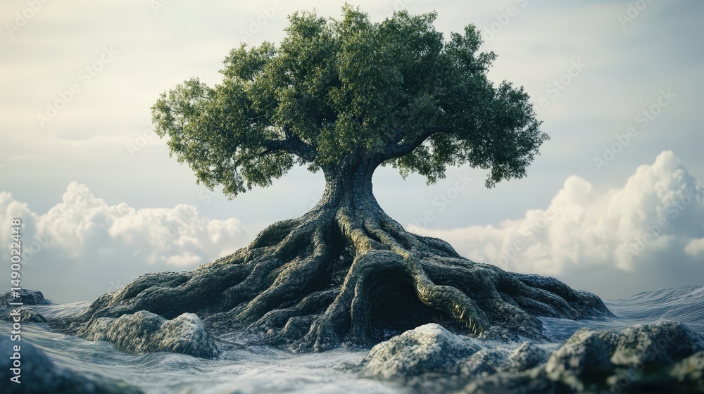 Poster depict a mythical tree with dragon-like roots extending into the air, fully isolated