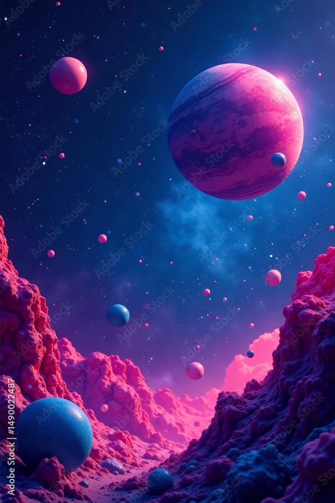 Wall mural abstract cosmic background featuring artistic pink and blue planets in a fantasy outer space setting
