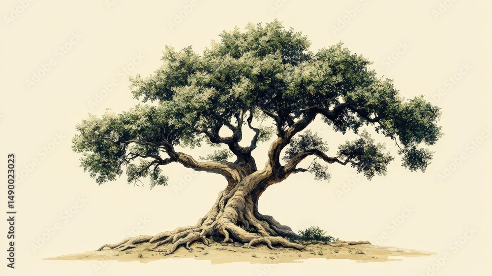Poster depict a single ancient tree with sprawling, gnarled roots extending in all directions, isolated aga