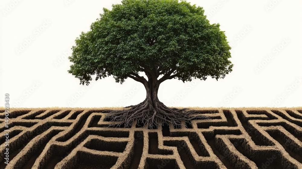 Poster Depict a tree with roots forming an intricate maze-like pattern, fully isolated for a creative design