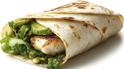 A grilled fish wrap with lettuce, avocado, and spicy mayo, wrapped in a warm flour tortilla