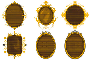 Gold picture frames set. Backdrop crayon doodle hand drawn frame illustration. Luxury oval, round element. Vintage golden baroque wooden frames isolated on transparent background