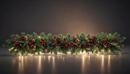 Elegant evergreen border with glowing lights and berries , background, xmas