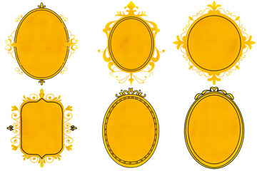 Golden frame set border designed in doodle style on transparent background for digital printing, wedding card, scrapbook, cover design, label printing and more. Hand drawn oval frame illustration.