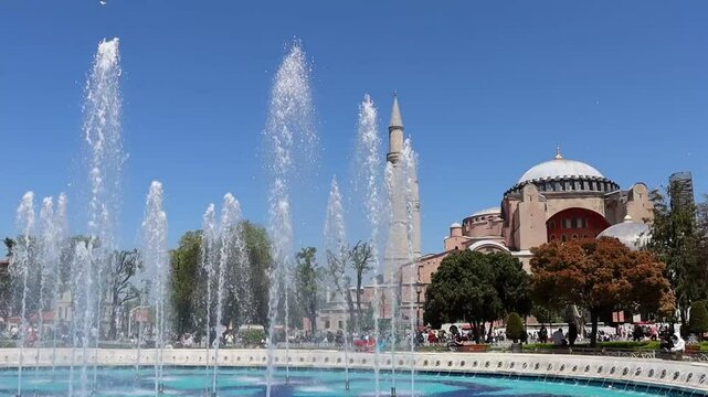 Fatih, Istanbul 15.05.2025: A magnificent video of the historical Hagia Sophia mosque and the fountain in front of it. Newest.
