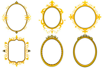 Golden frame set border designed in doodle style on transparent background for digital printing, wedding card, scrapbook, cover design, label printing and more. Hand drawn oval frame illustration.