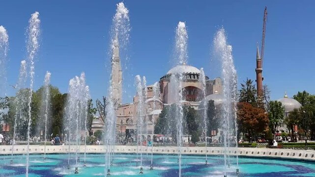 Fatih, Istanbul 15.05.2025: A magnificent video of the historical Hagia Sophia mosque and the fountain in front of it. Newest.