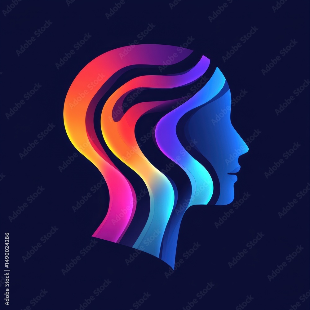Poster abstract human head profile with gradient ribbon-like layers on dark background