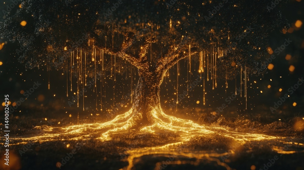 Poster depict an enchanted tree with floating roots dripping with golden energy, hovering in a void