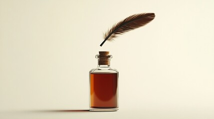 A brown feather hovers above a clear glass bottle with a cork stopper, filled with dark reddish-brown liquid, set against a pale background, casting a subtle shadow