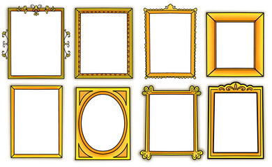 Gold picture frames set. Backdrop crayon doodle hand drawn frame illustration. Luxury rectangle, square element. Vintage golden baroque wooden frames isolated on transparent background
