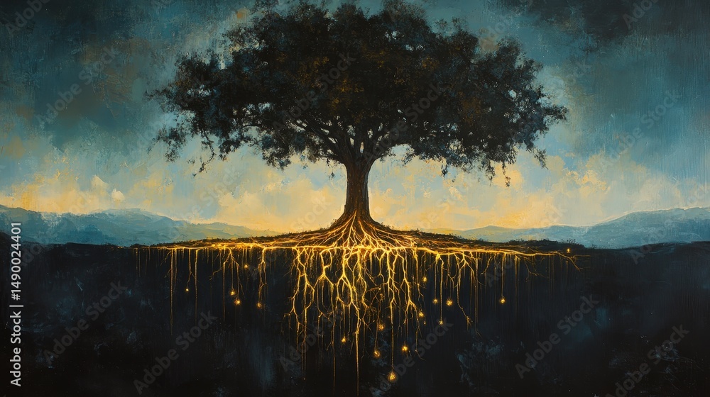 Poster depict an enchanted tree with floating roots dripping with golden energy, hovering in a void
