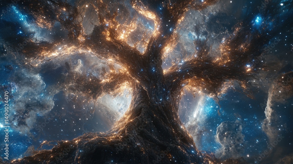 Poster depict an enormous tree with cosmic roots stretching into space, isolated in a galactic environment
