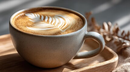 Coffee art latte under morning light on wooden cafe table concept. A beautifully crafted cup of coffee with latte art on display.